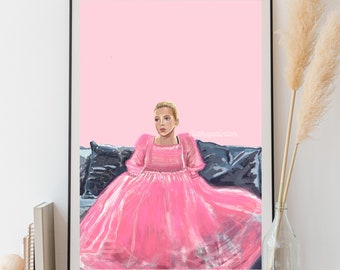 Impresión de Jodie Comer / Arte de pared rosa / Arte rosa para el hogar, Obra de arte de Villanelle
