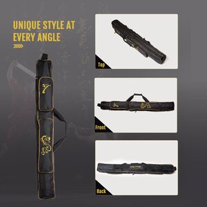 Może przedstawiać: Czarny futerał z złotymi wykończeniami i dekoracjami. Futerał posiada pasek na ramię i wiele przegr&oacute;dek. Tekst "UNIQUE STYLE AT EVERY ANGLE" jest wyświetlany w kolorze złotym. Futerał jest pokazany z wielu perspektyw.