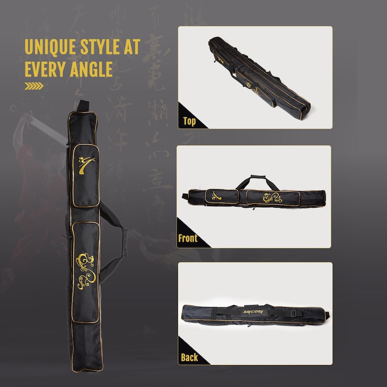 Może przedstawiać: Czarny futerał z złotymi wykończeniami i dekoracjami. Futerał posiada pasek na ramię i wiele przegr&oacute;dek. Tekst "UNIQUE STYLE AT EVERY ANGLE" jest wyświetlany w kolorze złotym. Futerał jest pokazany z wielu perspektyw.