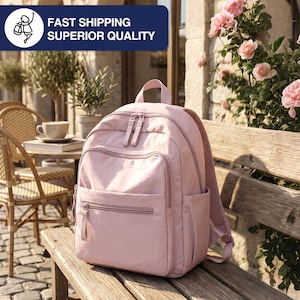Pink Nylon Mini Backpack for Campus & Travel, Small Lightweight Rucksack, Water Resistant Daypack,  Cloud Series SN