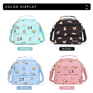 May include: Four insulated lunch bags with a double-decker design. The bags feature a variety of colors and patterns, including green with a corgi pattern, black with a corgi pattern, blue with a corgi pattern, and pink with a corgi pattern. Each bag has a zipper closure and a shoulder strap.