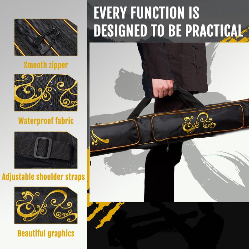 Może przedstawiać: Czarna torba transportowa ze złotymi zdobieniami. Posiada gładki zamek błyskawiczny, wodoodporny materiał i regulowane paski na ramiona. Tekst brzmi "EVERY FUNCTION IS DESIGNED TO BE PRACTICAL."