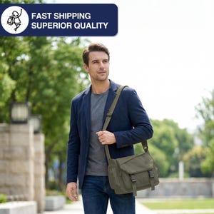May include: An olive green messenger bag with a shoulder strap, worn by a person. The bag has a flap closure with two buckles. The image also includes the text "FAST SHIPPING SUPERIOR QUALITY" in a blue rectangle.