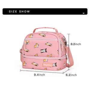 May include: Pink insulated lunch bag with a double zipper closure and a top handle. The bag features a repeating pattern of cartoon corgis and the text "Bayrlory". The bag measures 9.4 inches wide, 6.2 inches deep, and 8.2 inches tall.