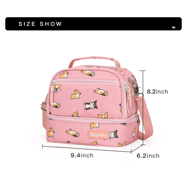May include: Pink insulated lunch bag with a double zipper closure and a top handle. The bag features a repeating pattern of cartoon corgis and the text "Bayrlory". The bag measures 9.4 inches wide, 6.2 inches deep, and 8.2 inches tall.