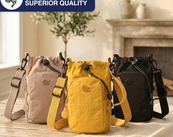 MS Embrodiery Crossbody Water Bottle Bag, Small Canvas Phone Pouch, Waterproof Shoulder Bag for Travel Hiking