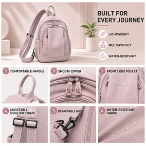 May include: A dusky pink backpack with multiple pockets, adjustable shoulder straps, and a detachable hook. The bag is lightweight and water-resistant, with the text "BUILT FOR EVERY JOURNEY". Features include a comfortable handle and smooth zips.