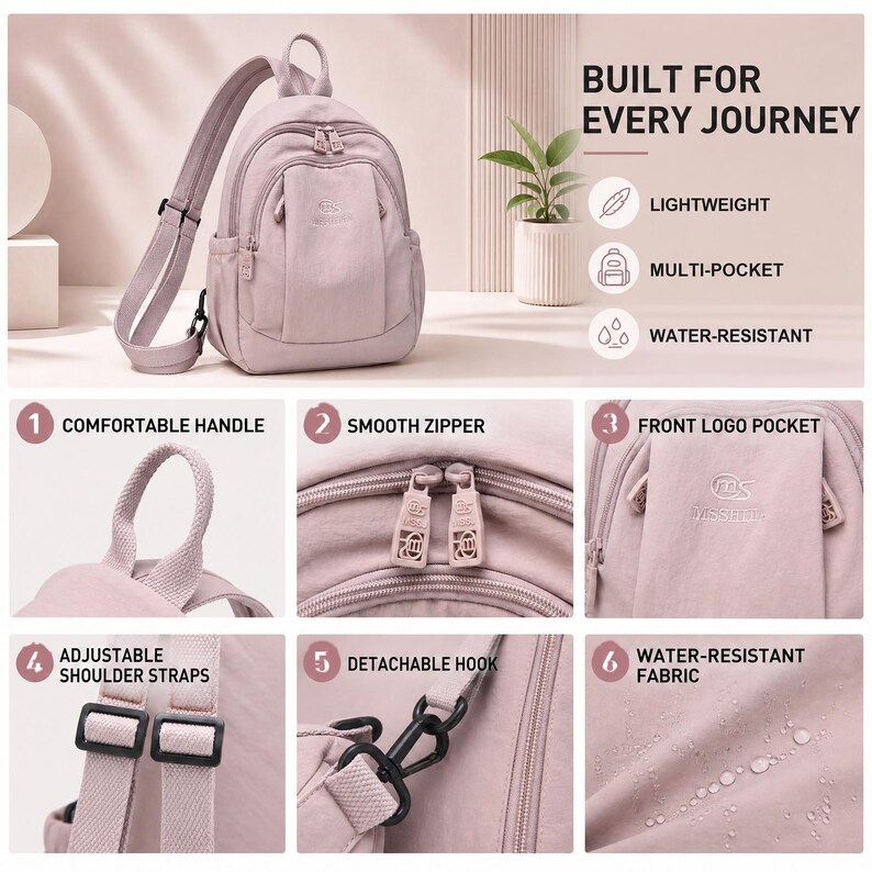 May include: A dusky pink backpack with multiple pockets, adjustable shoulder straps, and a detachable hook. The bag is lightweight and water-resistant, with the text "BUILT FOR EVERY JOURNEY". Features include a comfortable handle and smooth zips.