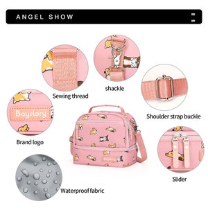 May include: Pink insulated lunch bag with a double zipper closure and a shoulder strap. The bag features a cute cartoon dog design and the text "Baystory" on the front. The bag is also waterproof.