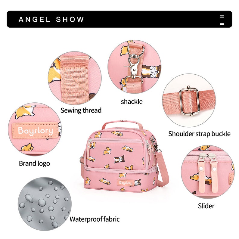 May include: Pink insulated lunch bag with a double zipper closure and a shoulder strap. The bag features a cute cartoon dog design and the text "Baystory" on the front. The bag is also waterproof.