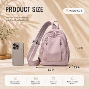 May include: A dusty rose backpack with a single shoulder strap, measuring 29 cm high, 21 cm wide, and 10 cm deep. The bag has multiple pockets and is carry-on friendly. The text reads "PRODUCT SIZE" and "Weight: 0.33 kg".