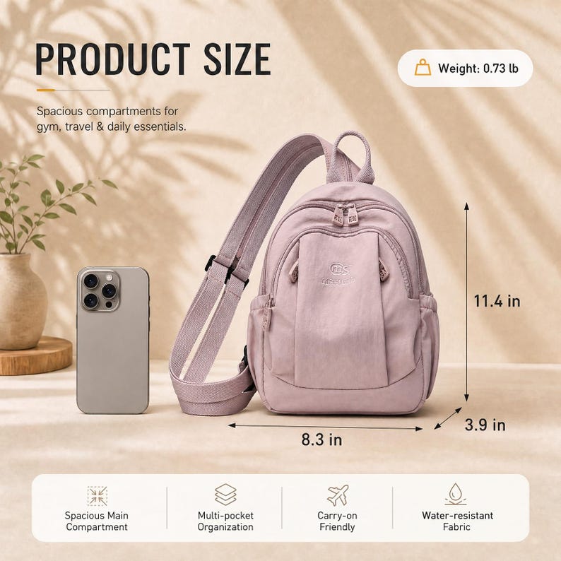 May include: A dusty rose backpack with a single shoulder strap, measuring 29 cm high, 21 cm wide, and 10 cm deep. The bag has multiple pockets and is carry-on friendly. The text reads "PRODUCT SIZE" and "Weight: 0.33 kg".