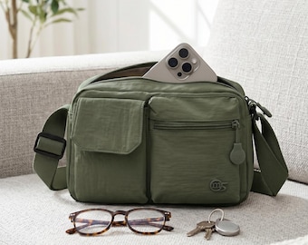 Small Water Resistant Nylon Crossbody Bag Multi-Pocket Travel Purse Lightweight Everyday Shoulder Bag Casual Sling Messenger Bag for Women
