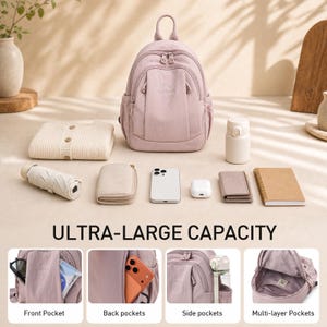 May include: A mauve backpack with various pockets, alongside a sweater, phone, and notebook. The image features the text "ULTRA-LARGE CAPACITY" and illustrates the front, back, side, and multi-layer pocket designs.