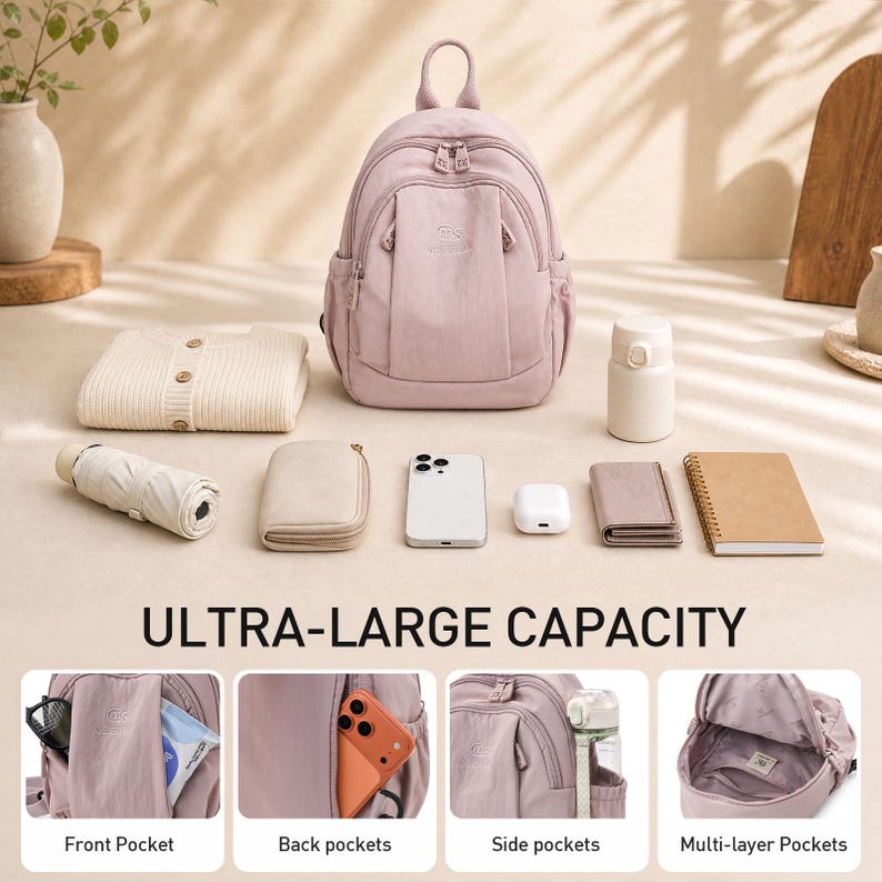 May include: A mauve backpack with various pockets, alongside a sweater, phone, and notebook. The image features the text "ULTRA-LARGE CAPACITY" and illustrates the front, back, side, and multi-layer pocket designs.