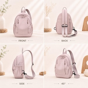 May include: A light purple sling backpack with a single shoulder strap. The bag has a zippered main compartment, a front pocket, and a top handle. The back of the bag has a padded panel. The bag is shown from the front, back, side, and at a 45-degree angle.