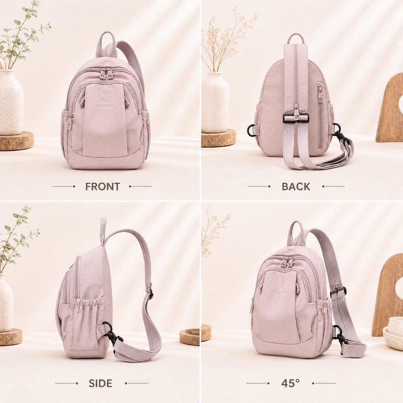 May include: A light purple sling backpack with a single shoulder strap. The bag has a zippered main compartment, a front pocket, and a top handle. The back of the bag has a padded panel. The bag is shown from the front, back, side, and at a 45-degree angle.