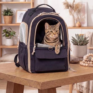 Puede incluir: Una mochila transportadora para mascotas de color azul marino con ribete beige y ventana de malla. Un gato atigrado está dentro de la mochila, mirando hacia afuera. La mochila tiene un asa superior y un bolsillo frontal. La mochila está sobre una mesa de madera.