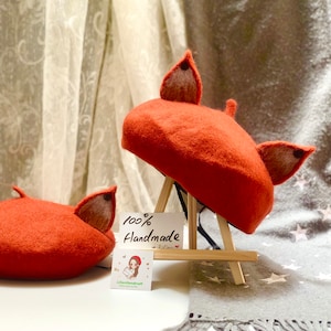 Fox Beret,Cat Ears Beret,Handmade Wool Hat/Burnt Orange Beret,Basque Beret ,Fox Ears Wool Beret,Adjustable Size Beret, Fox Tam,Vintage Cap