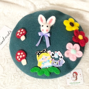 Disney Alice Wool Beret,Mushroom Beret,Rabbit Beret, Daisy Cherry Beret,Shiyuan Green,Alici Wonderland Needle Felted Beret,Cosplay PartyHat