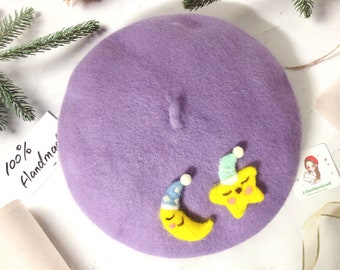 Sweet Dream Wool Beret, Moon Star Beret, 100% Australia Wool Beret, Purple Beret, Wool Felt Hat, vintage hat, French Lovely Beret, Xmas Gift