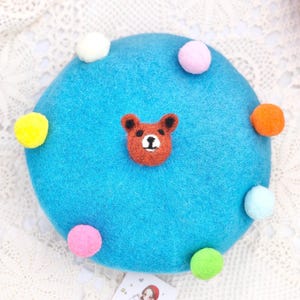 Adjustable size Wool Beret,Handmade Bear FrenchBeret,Blue Beret, Classic Thick Wool Beret, Needle Felting French Beret,Vintage hat,Xmas Gift