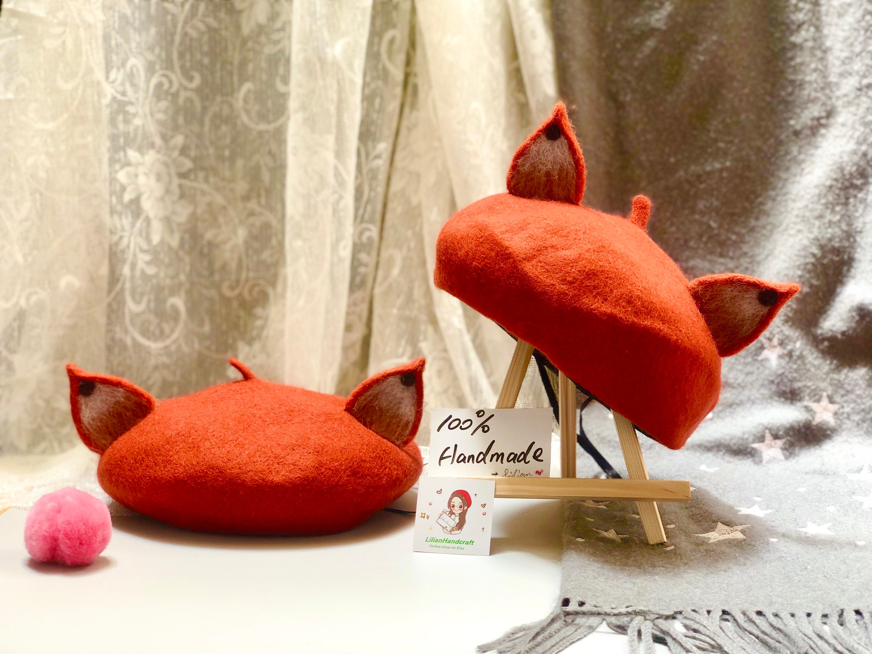 Fox Beret,cat Ears Beret,handmade Wool Hat/burnt Orange Beret,basque