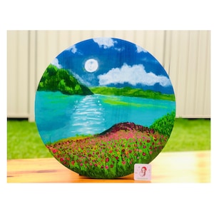 Original Painted on Wood,Spring Valley,Hand Painted on Round Wooden Circle，Home Warming gift,Wooden coffee Table Wood,Stunning  Scenery