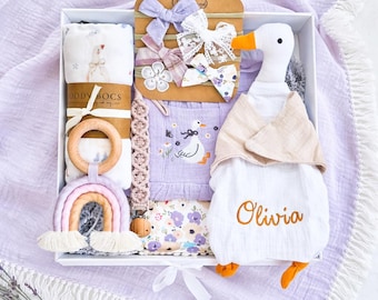 Embroidered Goose Baby Girl Gift Box – Organic Lovey, Romper, Keepsake Set