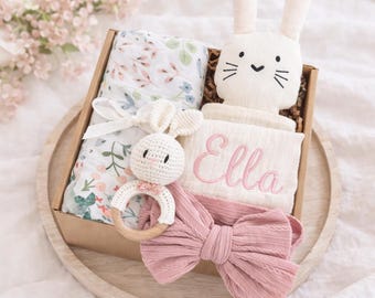 Embroidered Baby Girl Gift Box: Organic Cotton Swaddle, Bunny Blanket & Rattle