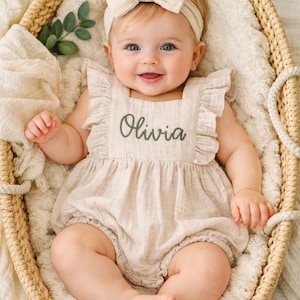 Personalized Baby Romper: Beige Muslin Organic Cotton Bubble Romper