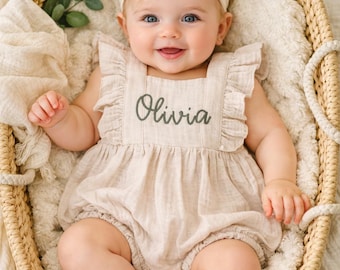 Personalized Baby Romper: Beige Muslin Organic Cotton Bubble Romper