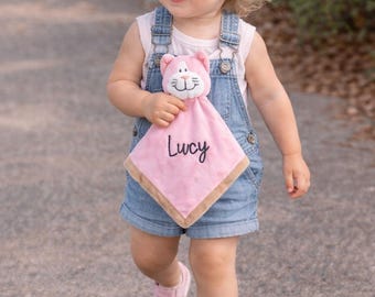 Personalized Plush Kitty Baby Blanket, Embroidered Cat Security Lovey