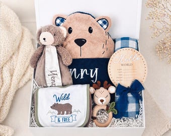 Woodland Teddy Bear Baby Gift Box – Personalized Embroidered Hooded Towel, Bib Set, Muslin Blanket & Plush Bear Gift Set
