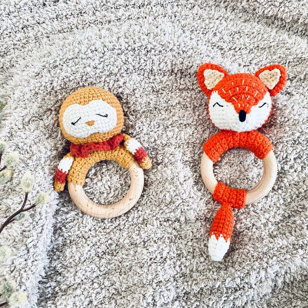 Crochet Baby Rattle, Fox Rattle, Owl Rattle, Handmade Baby Gift, Knit Baby Rattle, Woodland Themed Baby Gift