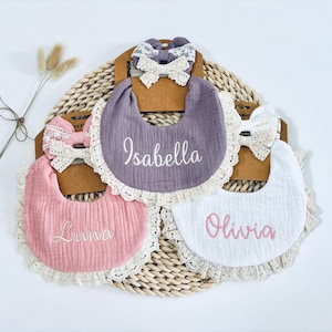 Embroidered Personalized Baby Girl Bib, Bib and Bow Set For Baby Girl, Personalized Baby Bibs, Baby Girl Gift, Gift For New Baby