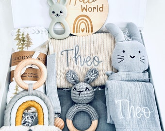 Deluxe Embroidered Baby Boy Gift Set, Organic Cotton Sweater, Bunny Blanket