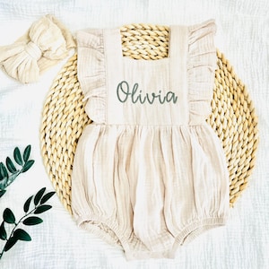 Baby Girl Newborn Gift, Personalized Baby Romper, Muslin Beige Baby Girl Romper, Organic Cotton Bubble Romper, Summer Baby Romper