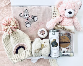New Mom and Baby Care Package, Baby Girl Gift, Embroidered Teddy Bear Blanket