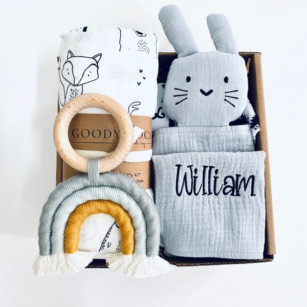 Baby Boy Gift Box, Baby Gift For Boy, Baby Boy Gift Set, Personalized Baby Bunny Security Blanket, Crochet Rattle, Present For New Baby
