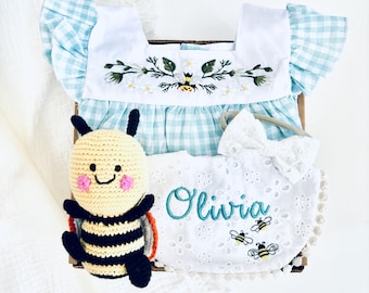 Personalized Bumble Bee Baby Girl Gift Box, Summer Romper, Bib, Rattle