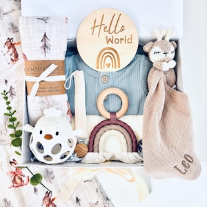 Personalized Baby Boy Gift Set: Embroidered Romper, Bunny Rattle & Blanket
