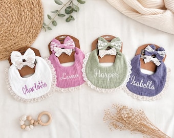 Embroidered Baby Girl Bib and Bow Set: Personalized Cotton Muslin Bib with Lace Trim