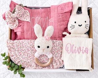Embroidered Newborn Baby Girl Spring Summer Keepsake Gift Box: Organic Cotton Romper, Bunny Lovey