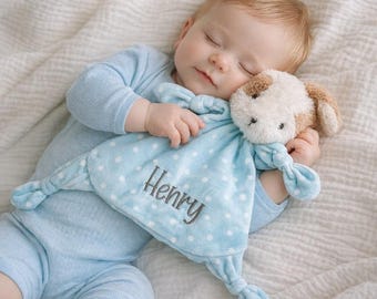 Personalized Plush Puppy Security Blanket, Gift For New Baby Boy