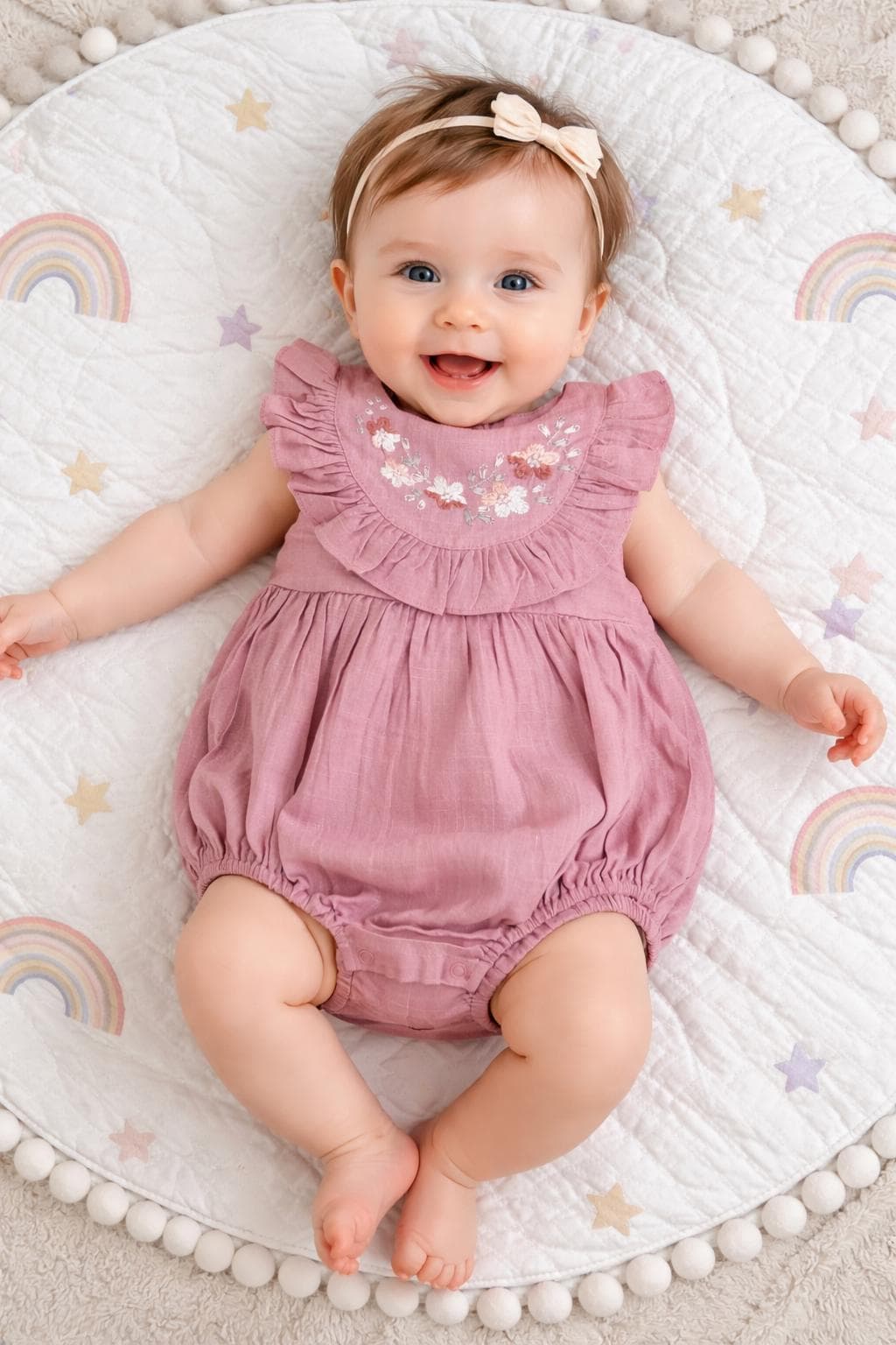 Baby Girl Embroidered Linen Romper, Floral Pink Bubble Romper