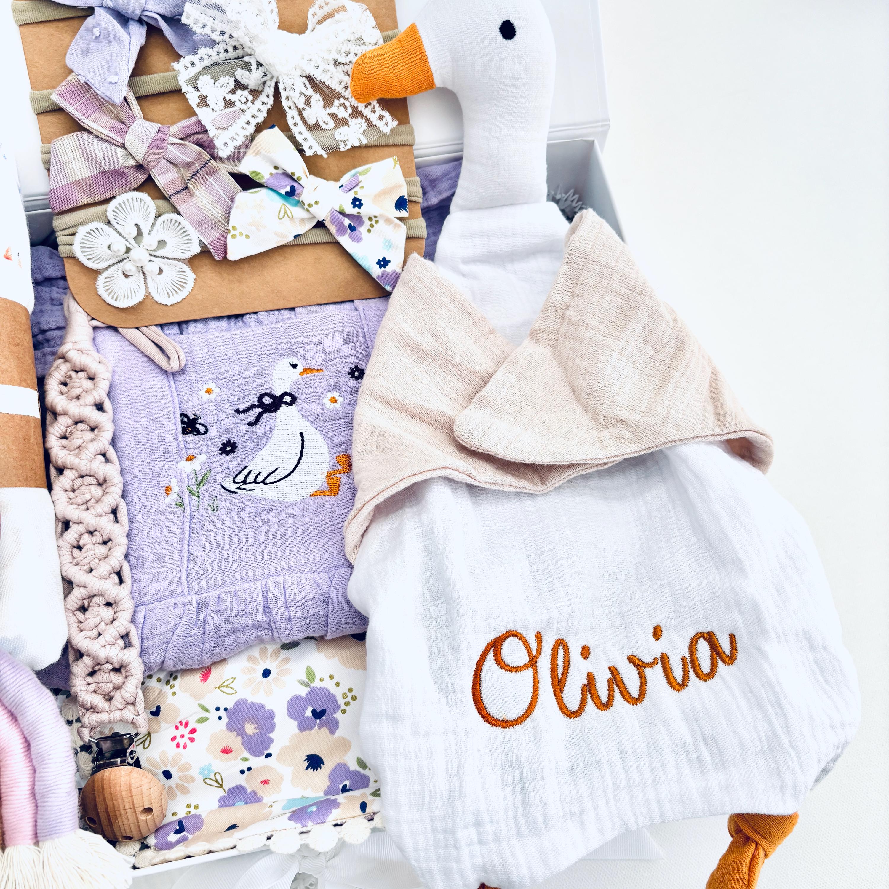 Embroidered Goose Baby Girl Gift Box – Organic Lovey, Romper, Keepsake ...