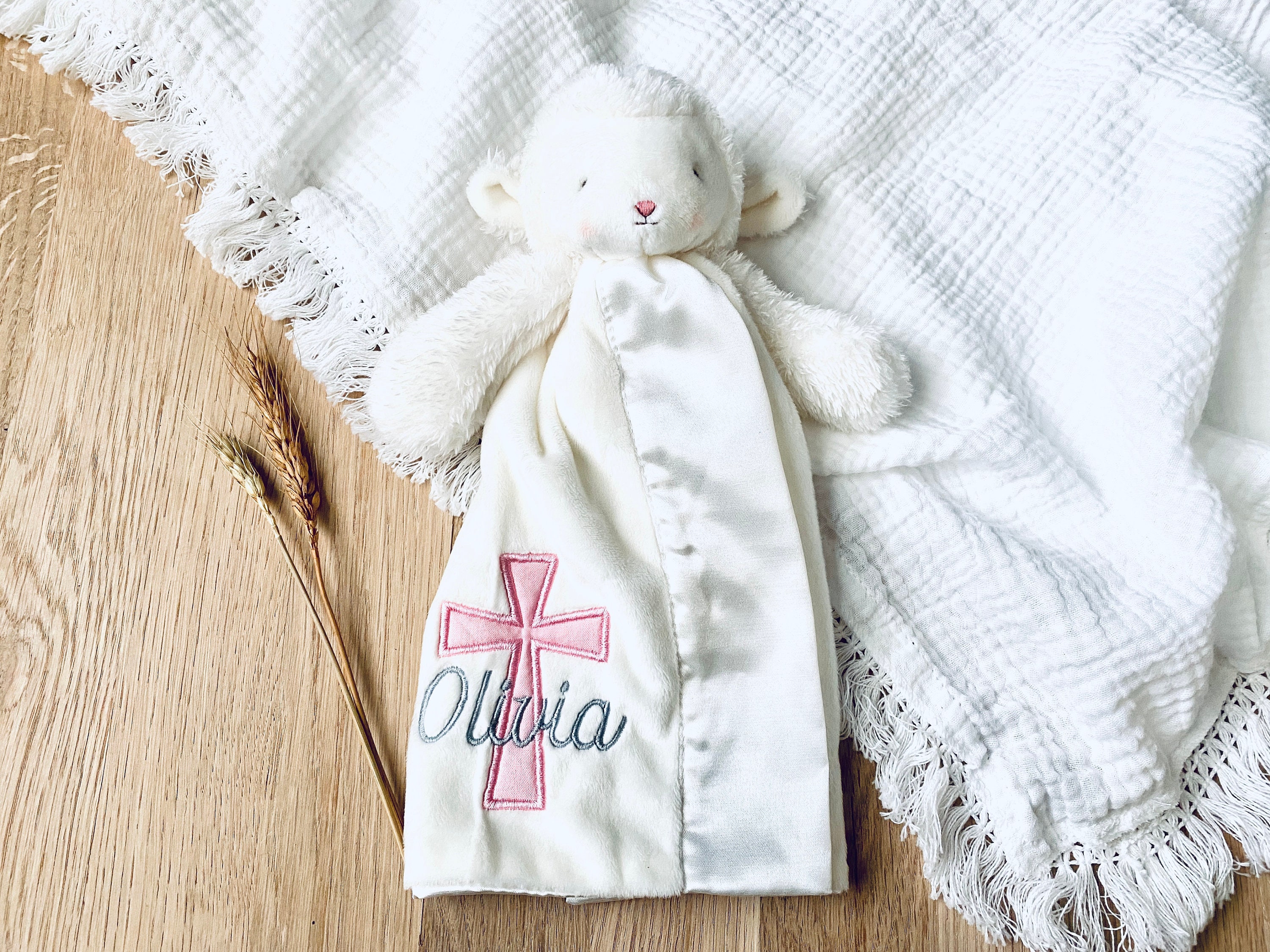 Baptism Gift, Baby Girl Baptism Gift, Christening Gift For Baby, Personalized Baptism Blanket, Lamb Lovey Blanket