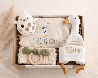 Personalized Goose Baby Gift Box, Embroidered Romper & Lovey
