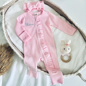 Pink Soft Thermal Ruffle Baby Romper, Personalized Baby Girl Romper, Embroidered Baby Romper, Monogramed Baby Romper, Baby Girl Gift